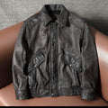 Hong Kong style top layer cowhide leather jacket vintage distressed men's flight suit lapel autumn and winter cropped leather jacket