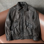 Hong Kong style top layer cowhide leather jacket vintage distressed men's flight suit lapel autumn and winter cropped leather jacket
