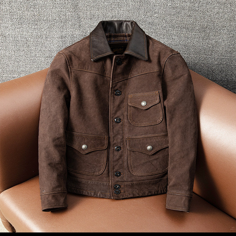 Top sheepskin leather jacket men's vintage uncoated classic distressed cropped lapel slim spring and autumn jacket