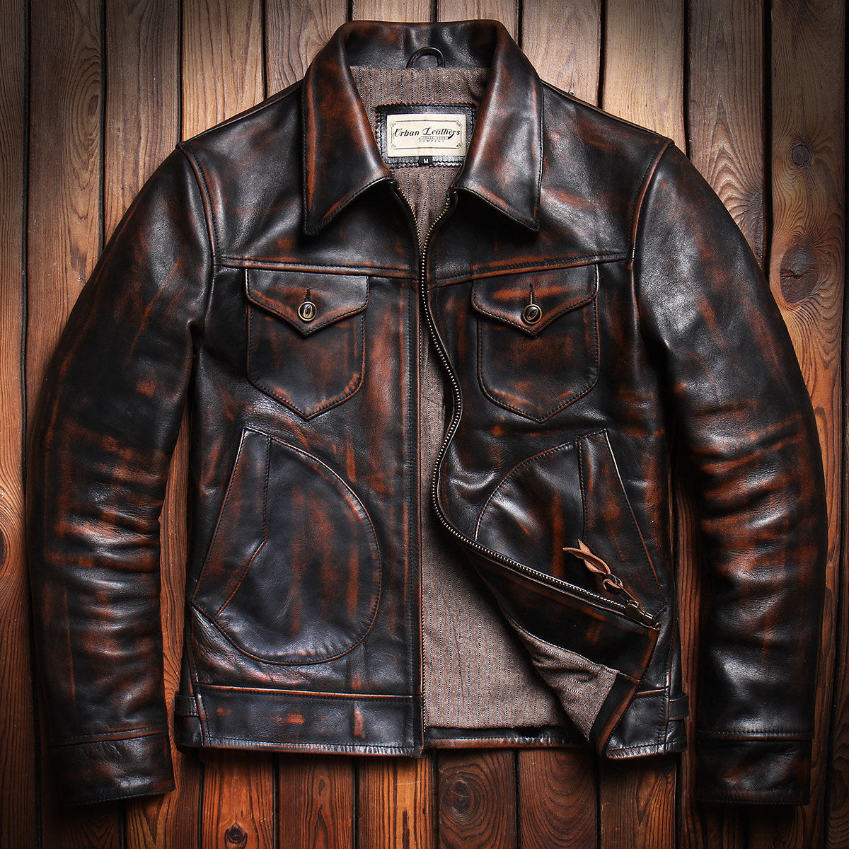 Mendoza top layer tea core horse skin Amy click vintage old leather jacket men's slim motorcycle leather jacket