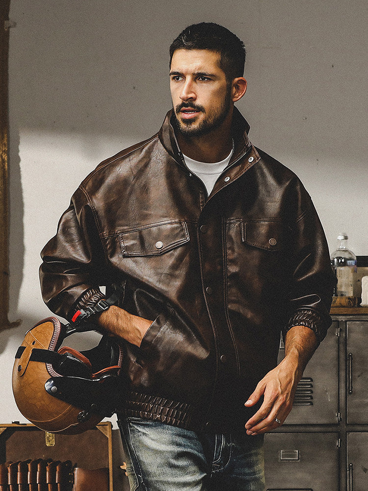 American classic retro soft leather jacket men's loose motorcycle uniform spring trendy brand tough guy leather jacket jacket men's spring and autumn style