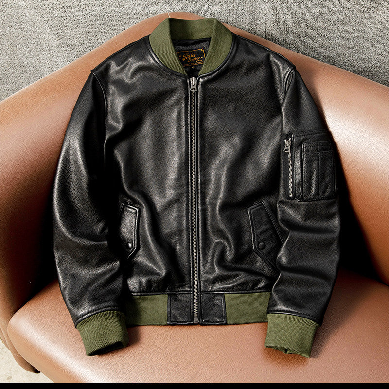 American casual flight suit, top layer cowhide leather jacket, men's leather jacket, cropped slim autumn and winter jacket