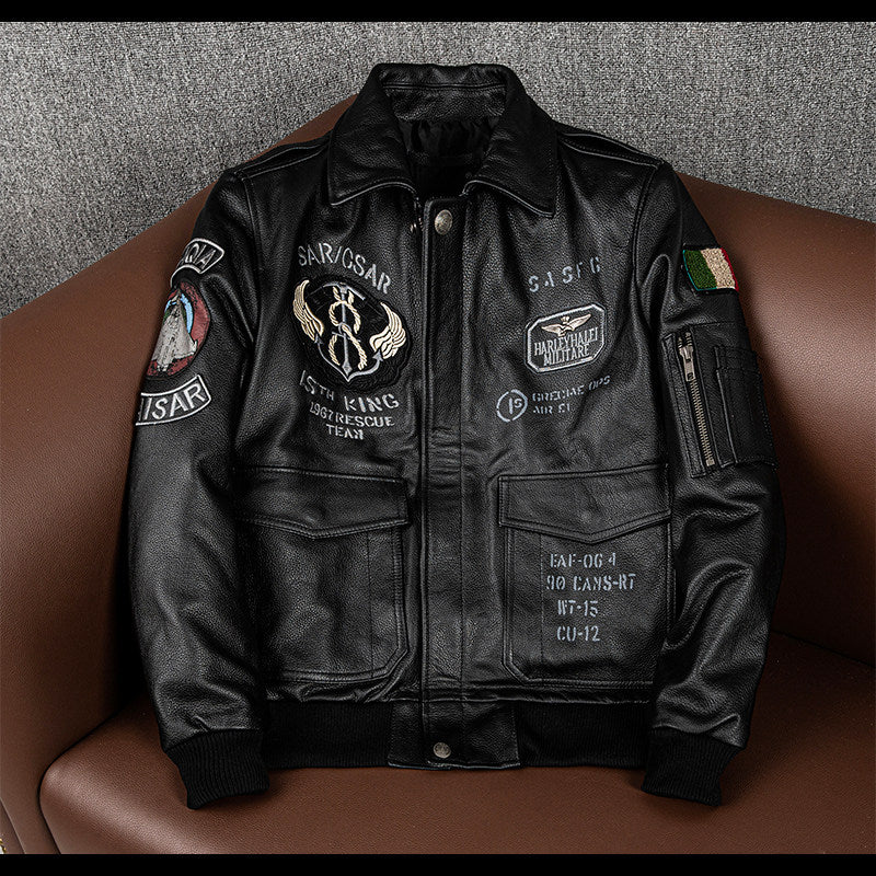 Three-dimensional embroidery new leather jacket men's top layer cowhide flight suit jacket handsome trendy cropped jacket