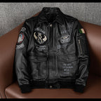Three-dimensional embroidery new leather jacket men's top layer cowhide flight suit jacket handsome trendy cropped jacket