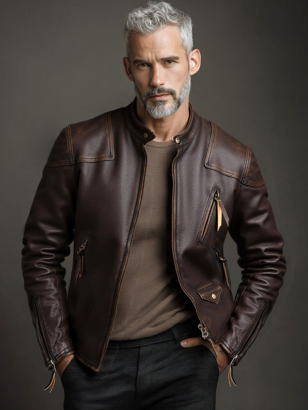 American Vintage Mendoza Washed Farmer Stone-Ground Distressed First-Layer Cowhide Motorcycle Leather Jacket
