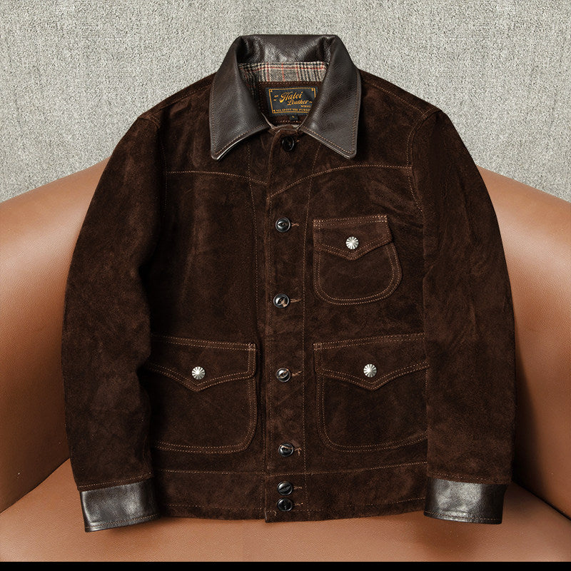 Farmer vintage top layer anti-fleece cowhide leather leather jacket men's classic distressed cropped lapel slim jacket