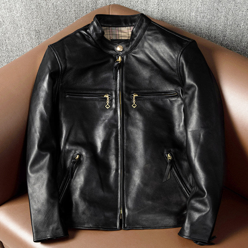 New products pure top layer sheepskin genuine leather leather jacket men's stand-up collar slim motorcycle trendy leather jacket autumn and winter jacket
