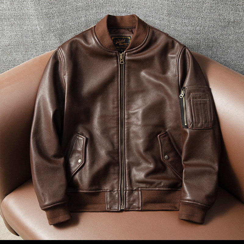 American casual flight suit, top layer cowhide leather jacket, men's leather jacket, cropped slim autumn and winter jacket