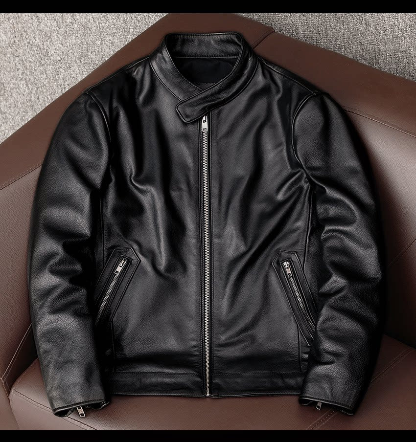 Pure top layer soft cowhide leather jacket men's middle-aged casual short stand-up collar leather jacket jacket