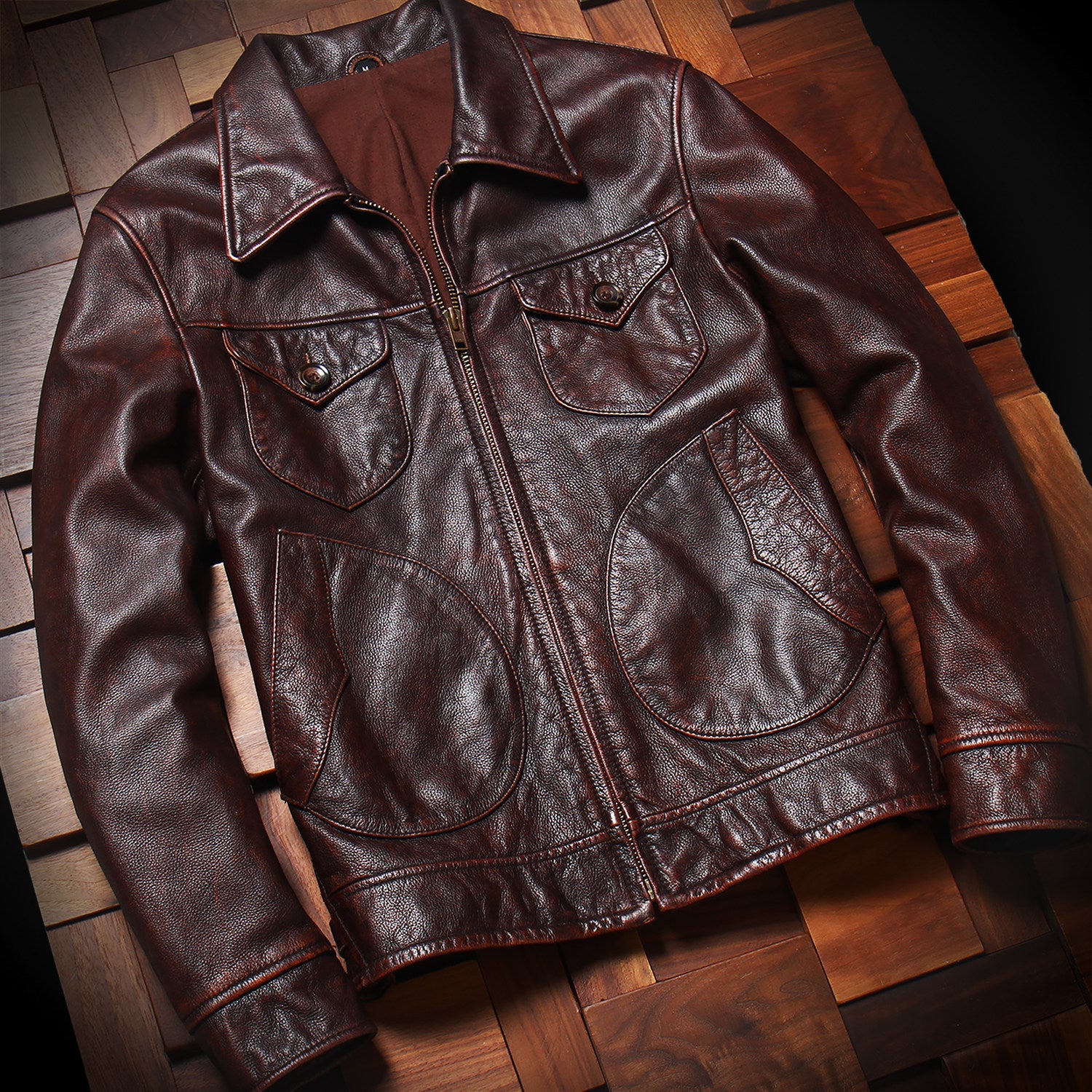 Washed stone mill vintage distressed top layer cowhide men's lapel leather jacket spring and autumn jacket genuine leather jacket