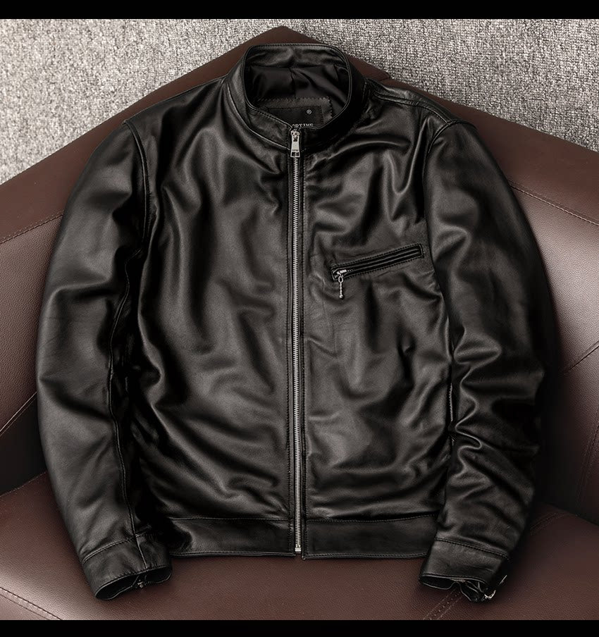 New handsome simple leather jacket pure top sheepskin leather leather jacket men's casual short stand-up collar jacket