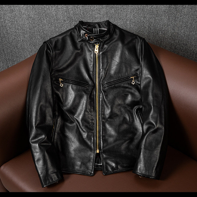 Top layer tea core horseskin leather jacket men's J100 motorcycle suit short slim stand-up collar autumn leather jacket jacket