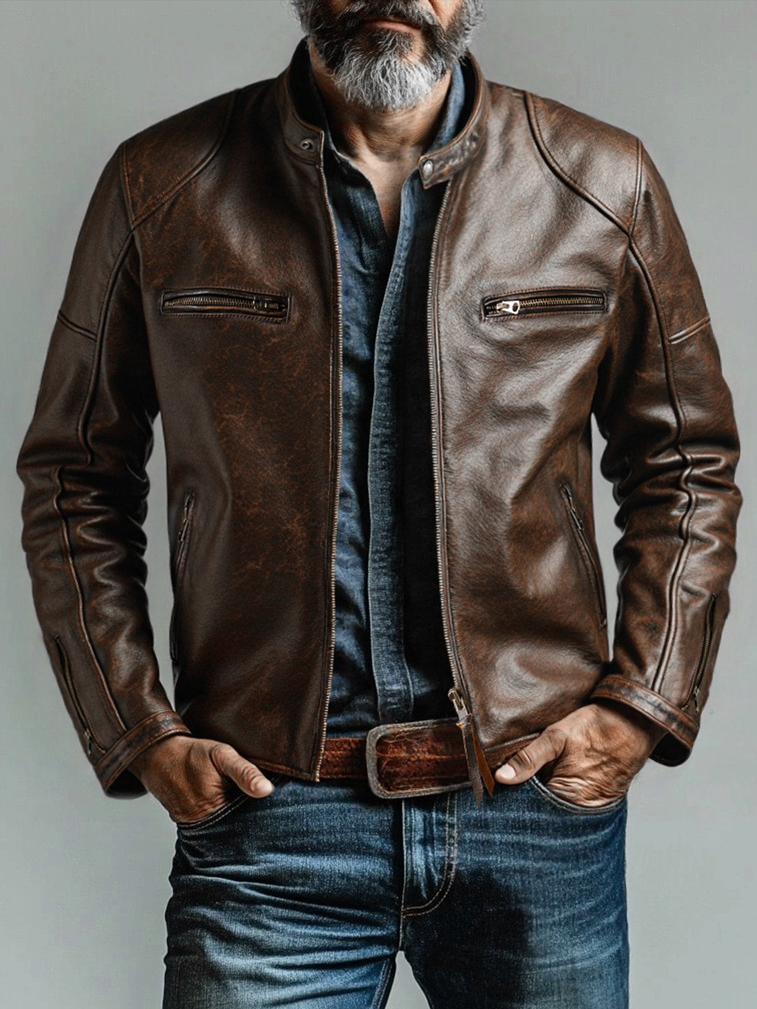 New genuine leather jacket short top layer cowhide biker jacket men's stand-up collar slim jacket thin