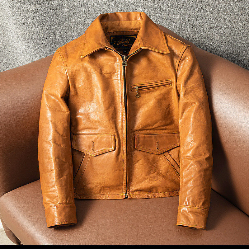 Vegetable-tanned top layer calfskin leather jacket men's short autumn and winter jacket