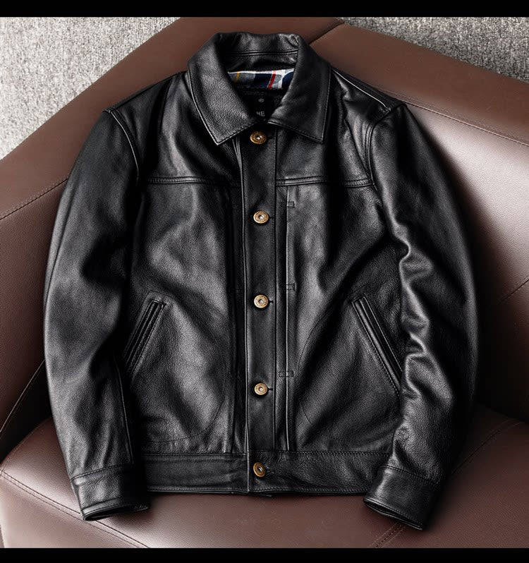 New pure top layer cowhide leather leather jacket men's plus size denim jacket fashion casual men's lapel jacket