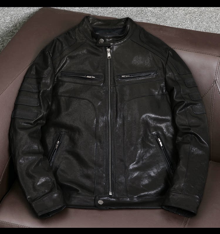 New sheepskin vegetable-tanned top layer leather jacket, men's motorcycle short stand-up collar leather jacket, fashion trend jacket