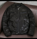 New sheepskin vegetable-tanned top layer leather jacket, men's motorcycle short stand-up collar leather jacket, fashion trend jacket