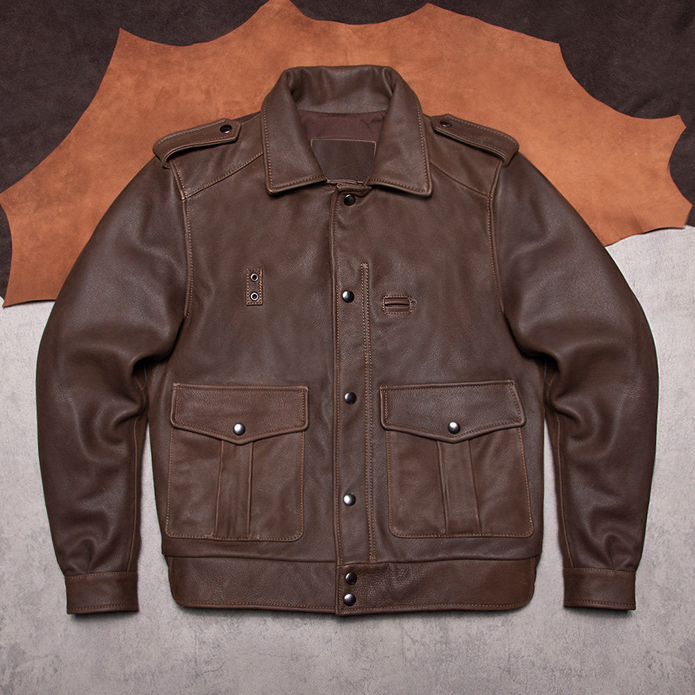 Full-grain uncoated calfskin California Mounted Police leather jacket vintage American workwear men's genuine leather jacket
