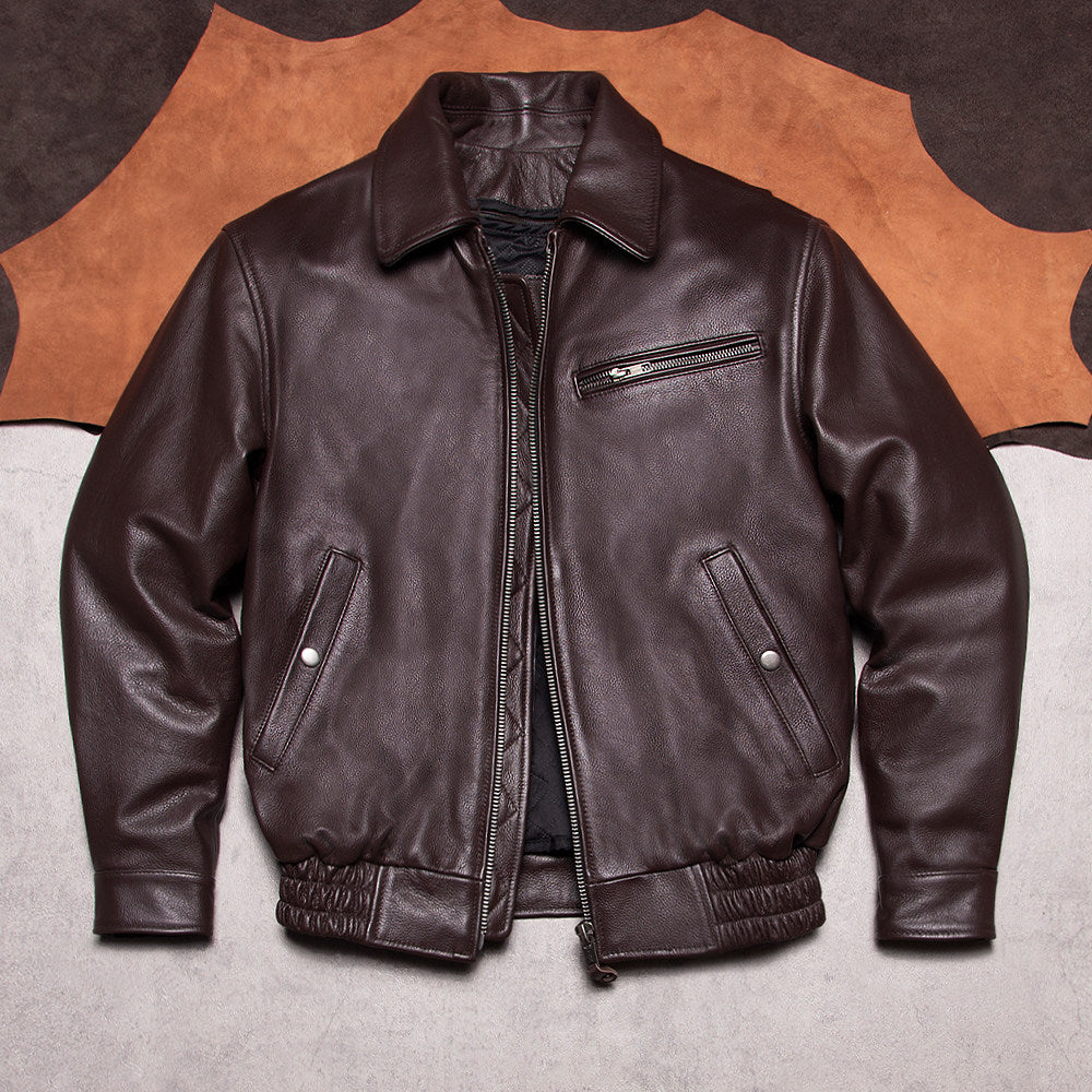 Cotton plus size port style wide lapel removable liner men's flight suit top layer cowhide leather jacket