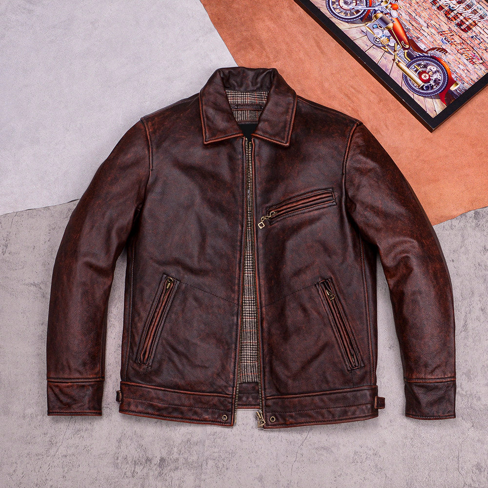 Mulholland Road soft top layer cowhide loose casual leather jacket brown genuine leather jacket men's coat cropped top
