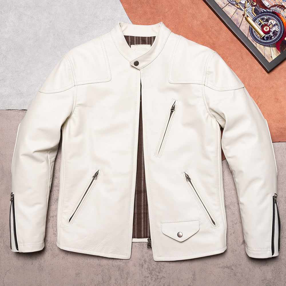 Top layer calfskin white venom biker jacket classic stand-up collar American vintage leather men's leather jacket jacket