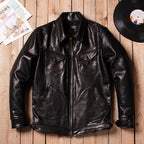 Vintage Mendoza Farmer Cowhide Heavy Washed Genuine Leather Autumn Winter Lapel Classic Casual Leather Jacket Jacket Black