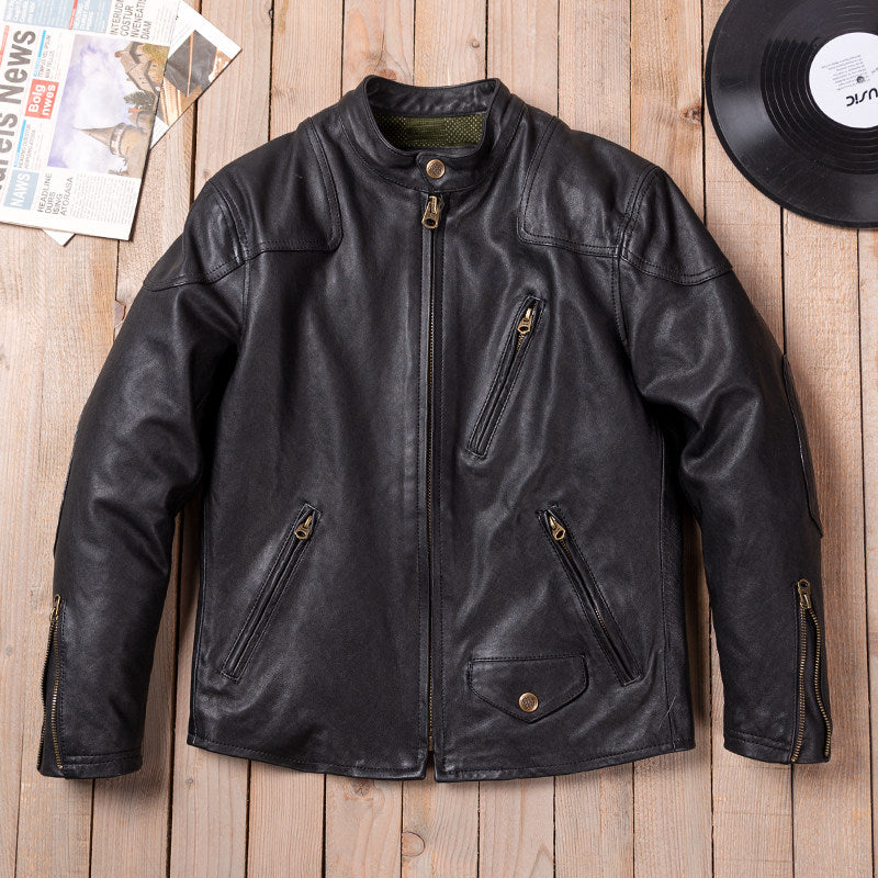 Vegetable-tanned leather stand-up collar venom classic motorcycle leather jacket top layer cowhide men's leather jacket autumn and winter