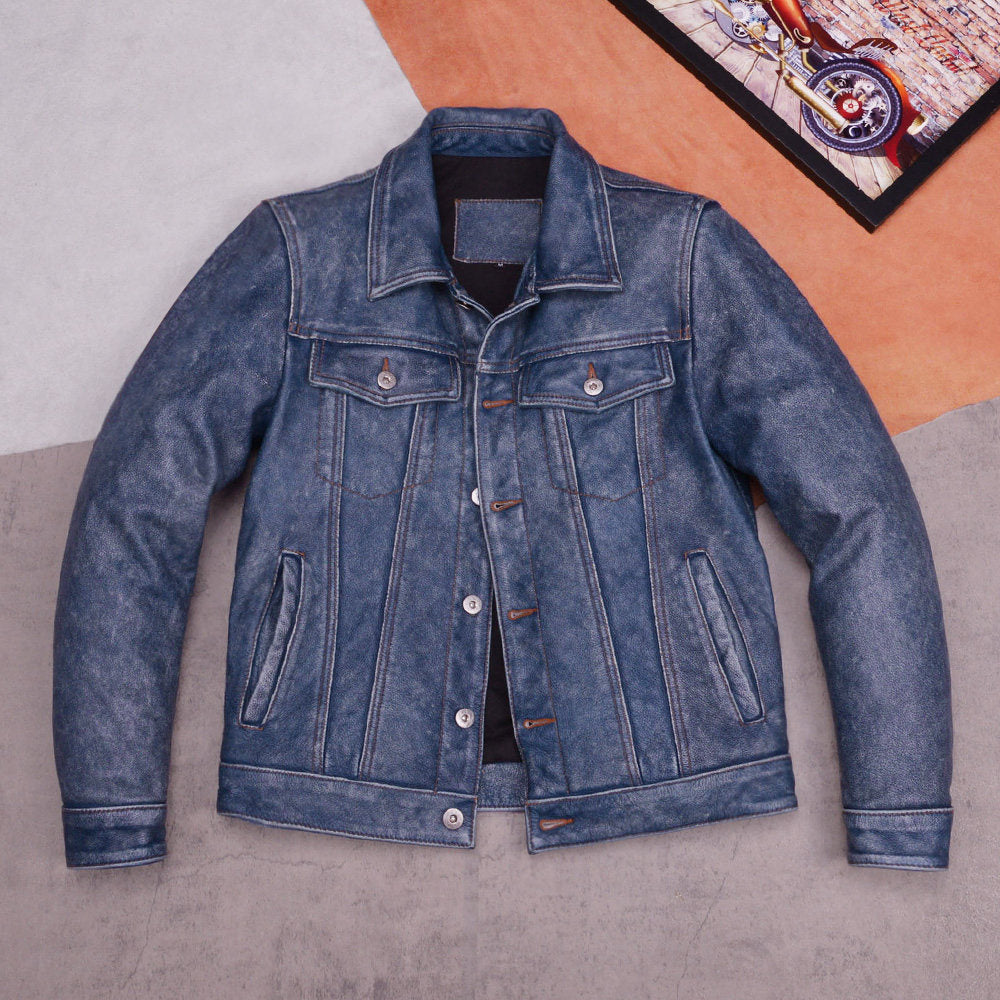 507 Ami click top layer cowhide leather leather jacket denim vintage stone mill old men's lapel jacket washed