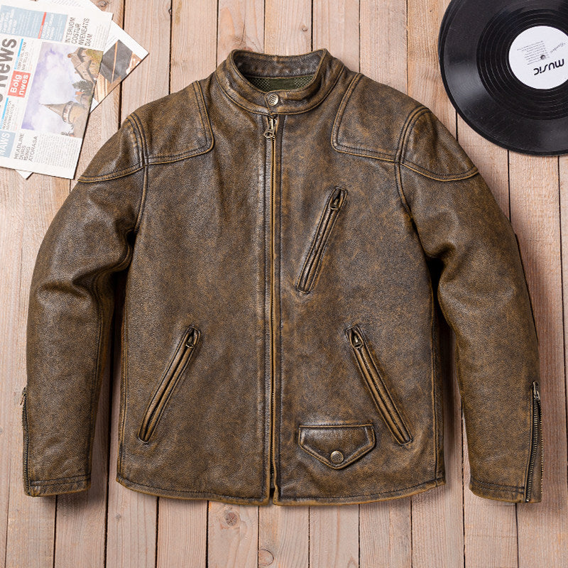 Venom yellow brown top layer calf leather men's classic leather jacket motorcycle riding jacket new arrival stand-up collar top vintage