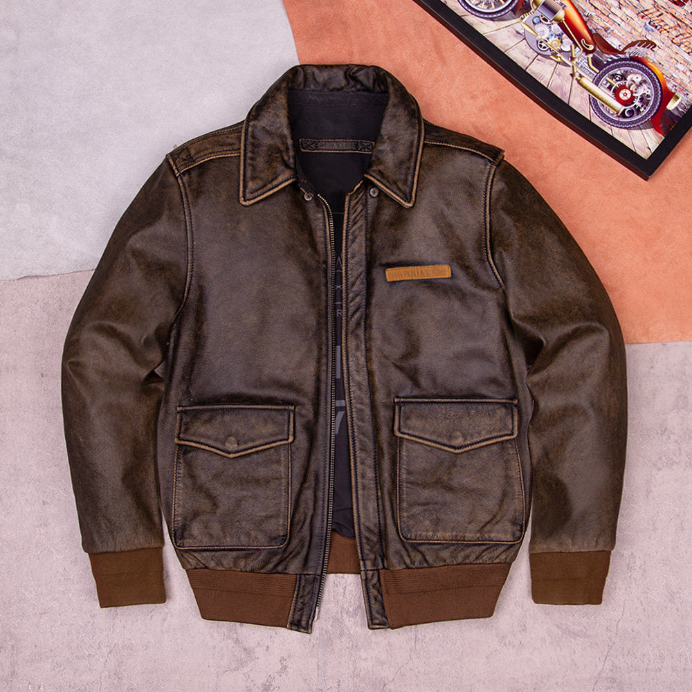 New A2 leather flight suit jacket men's retro distressed washed pure top layer cowhide leather plus size jacket autumn and winter