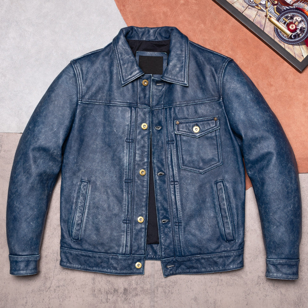 506 Vintage Distressed Cargo Leather Jacket Men's Lapel Slim Top Layer Cowhide Jacket Genuine Leather Denim Jacket
