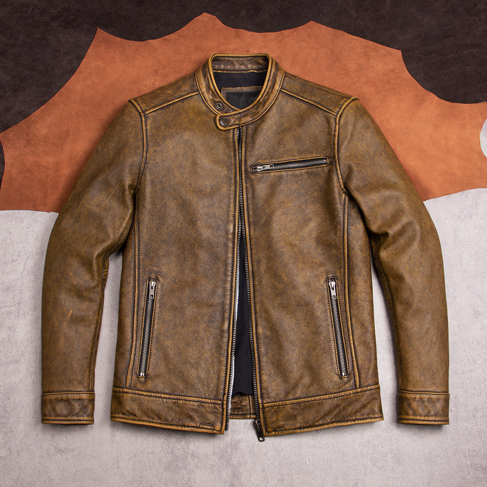 Vintage stand-up collar cycling uniform leather jacket men's top layer cowhide leather motorcycle jacket autumn and winter jacket yellow-brown