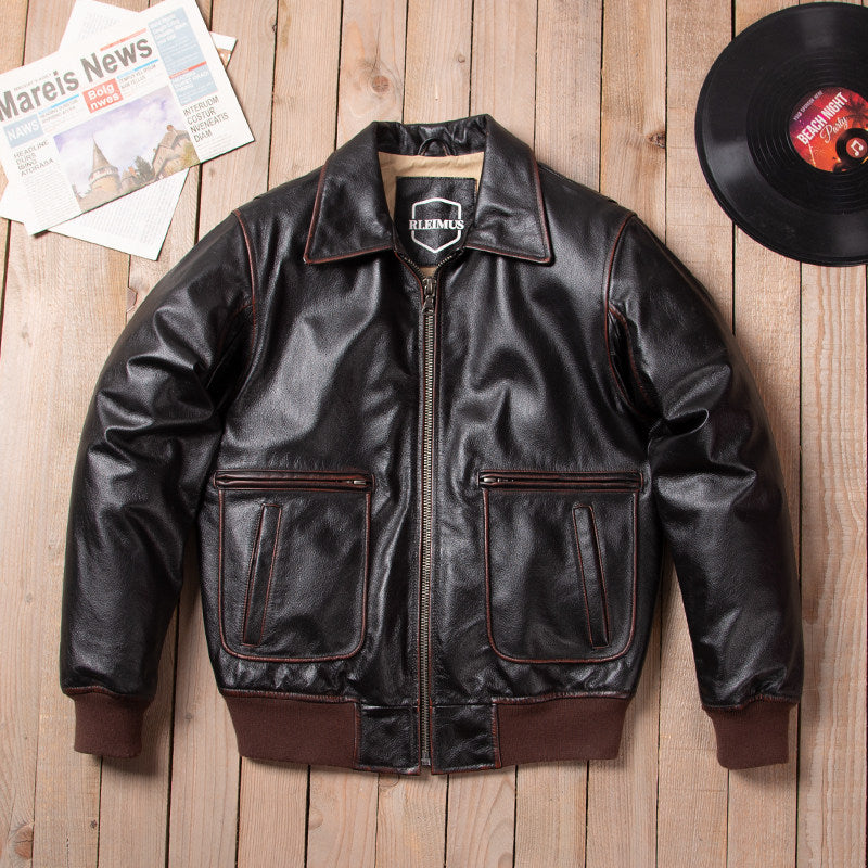 A2 flight suit leather jacket men's leather vintage lapel air force flight suit jacket top layer cowhide plus size leather jacket