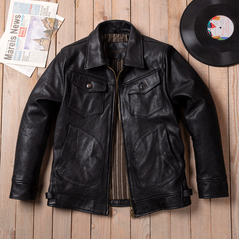 Classic Vintage Mendoza Farmer Genuine Leather Jacket Men's Vegetable-Tanned Sheepskin Lapel Slim Fit Leather Jacket Jacket