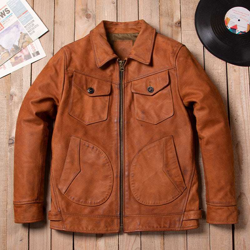 American vintage Mendoza washed into dirty calfskin leather jacket men's slim lapel moon pocket leather jacket