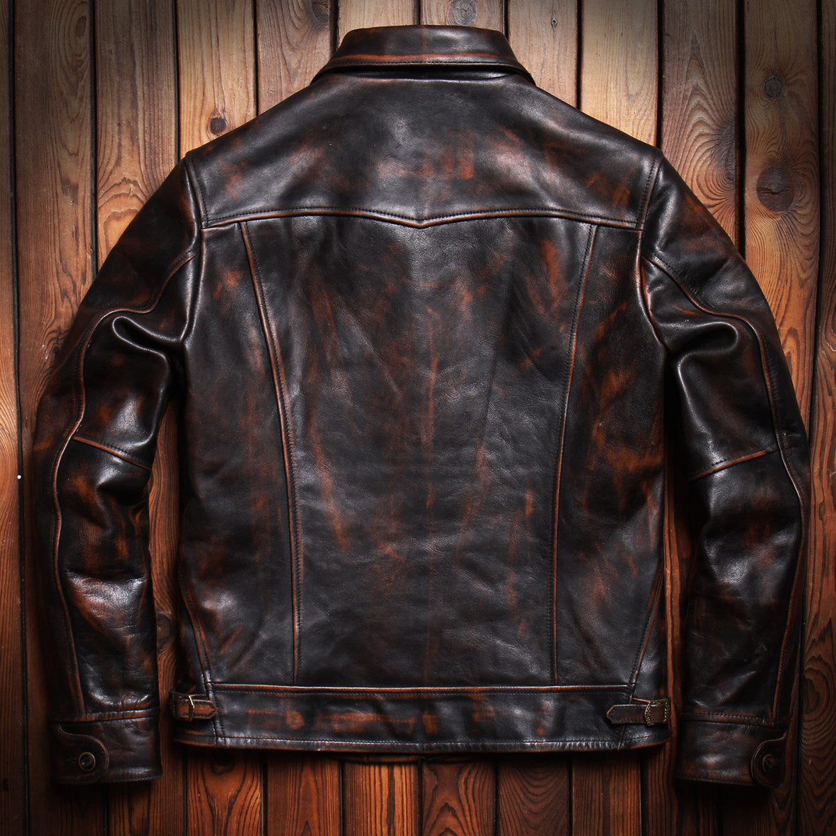 Mendoza top layer tea core horse skin Amy click vintage old leather jacket men's slim motorcycle leather jacket