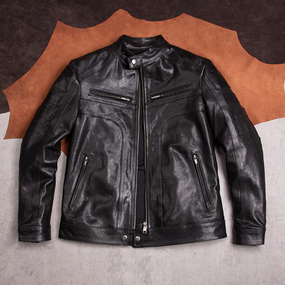 Vegetable-tanned sheepskin leather jacket men's motorcycle short stand-up collar jacket fashion trend black casual top jacket
