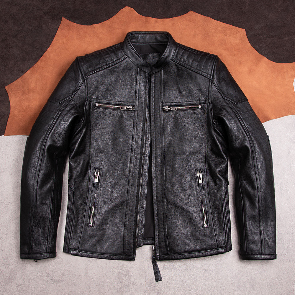 Top layer cowhide men's slim leather jacket leather jacket stand-up collar short cycling motorcycle casual top autumn and winter