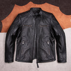 Top layer cowhide men's slim leather jacket leather jacket stand-up collar short cycling motorcycle casual top autumn and winter