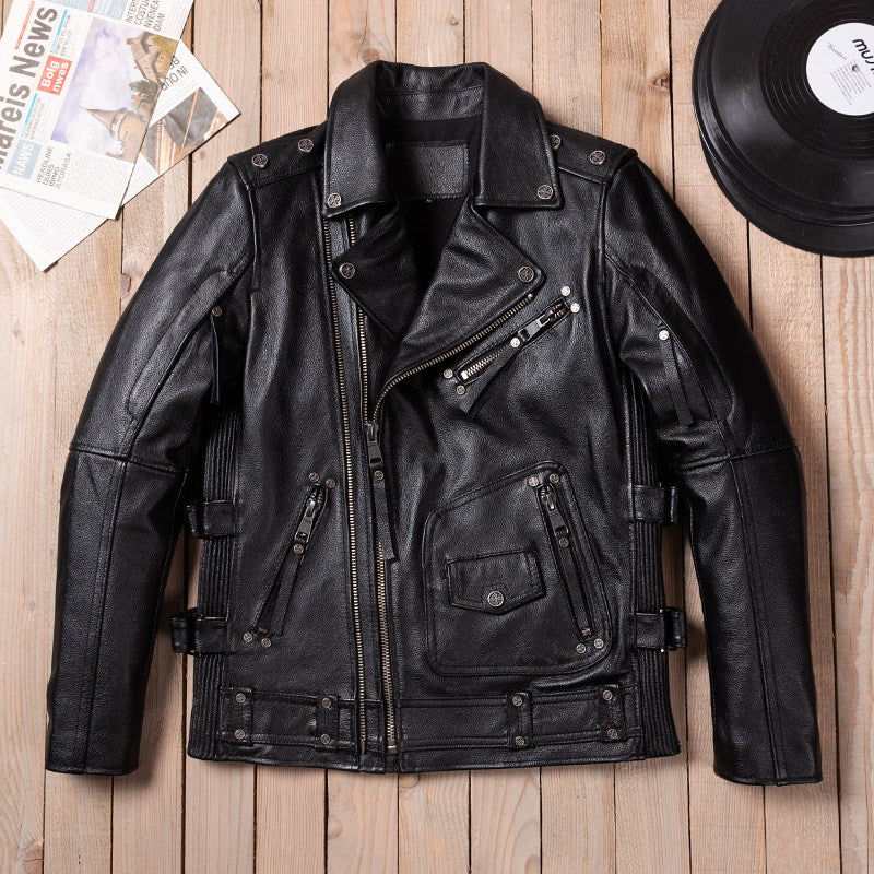 Black top layer cowhide men's leather jacket multi-zip motorcycle suit vintage Harley riding spring and autumn motorcycle suit men's style
