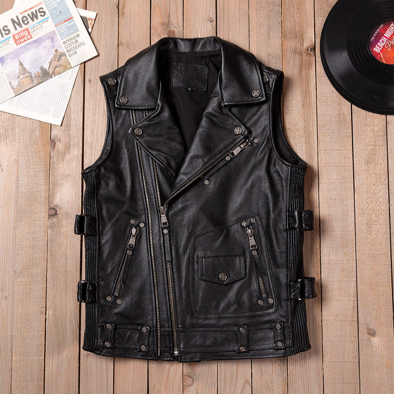 Black Harley motorcycle vest top layer cowhide leather jacket men's short cycling leather vest with multiple zipper pockets