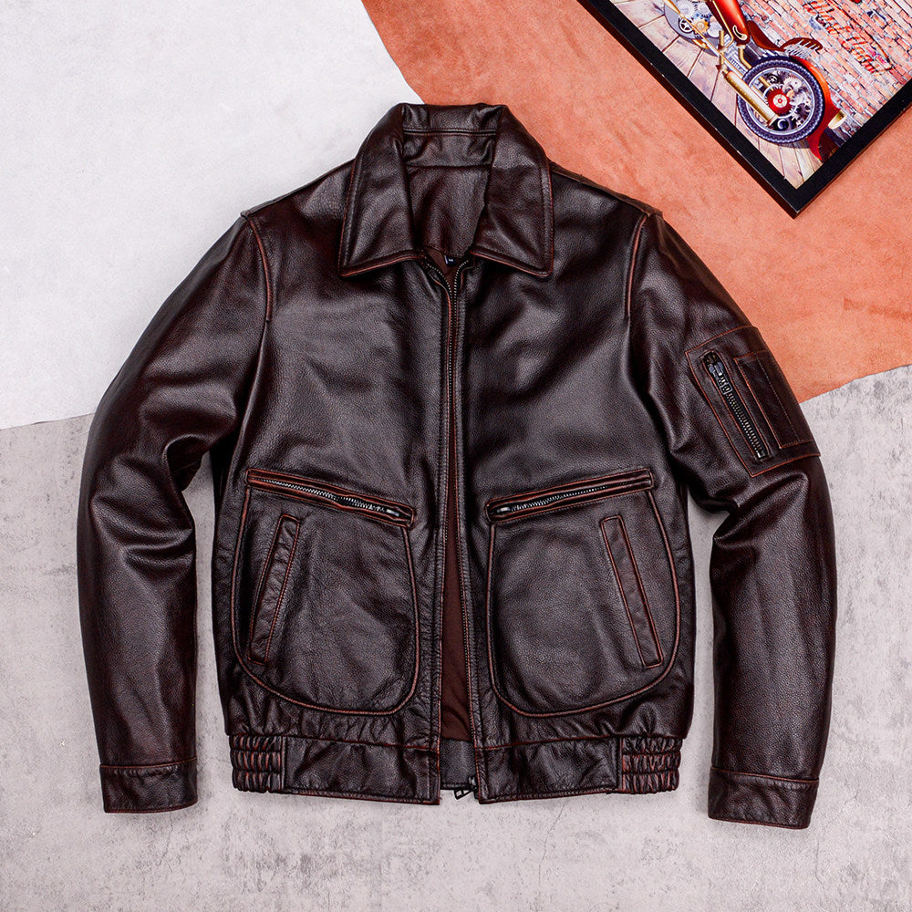 New stone mill old flight suit, top layer cowhide leather jacket, men's jacket, motorcycle vintage plus-size spring and autumn jacket