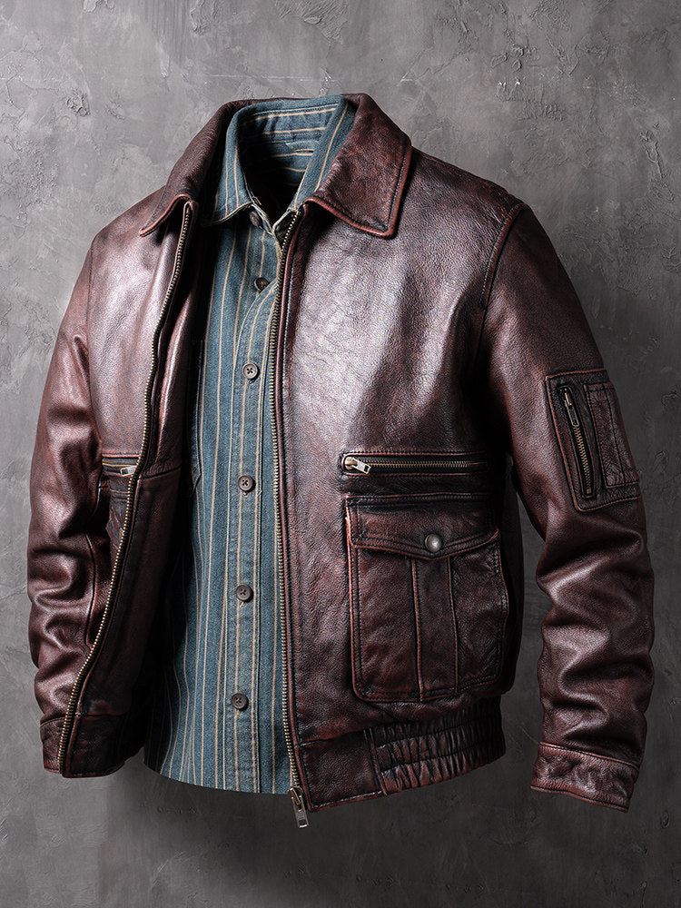 China Haining Genuine Leather Jacket Men's Biker Jacket Spring and Autumn Short Top Layer Cowhide Lapel Jacket Fashion Trend