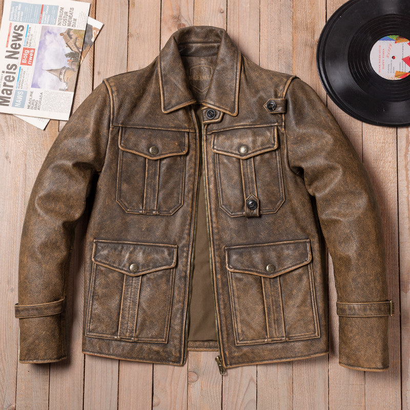 Jason's same American vintage men's top layer cowhide leather motorcycle leather jacket lapel short slim leather jacket jacket