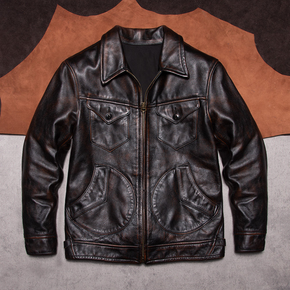 Classic American vintage Mendoza tea core top layer cowhide leather jacket men's jacket motorcycle leather jacket