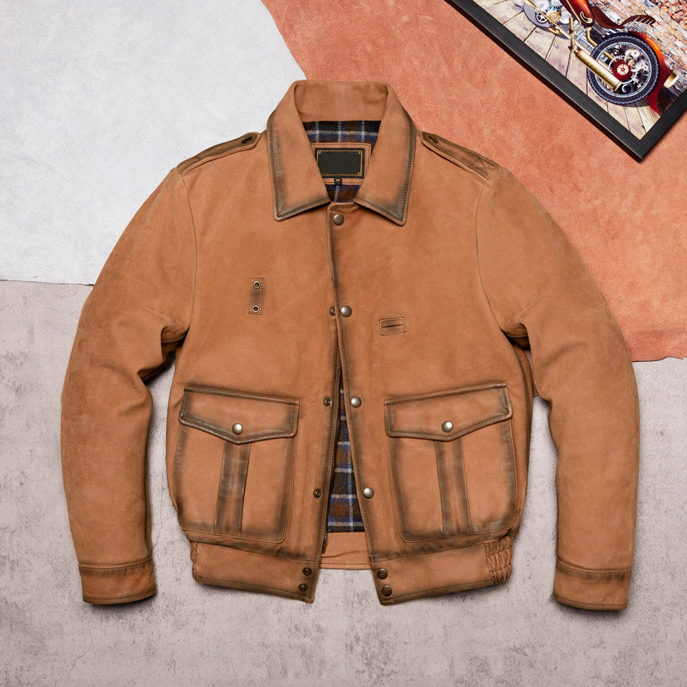 California Mounted Police Genuine Leather Jacket Men's Cool Riding Leather Jacket Old Tawny Brown Top Layer Cowhide Top