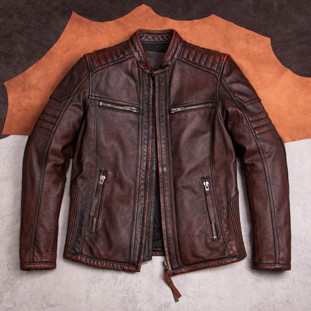 Heavy Harley motorcycle suit top layer cowhide leather jacket men's riding leather jacket vintage distressed stand-up collar jacket