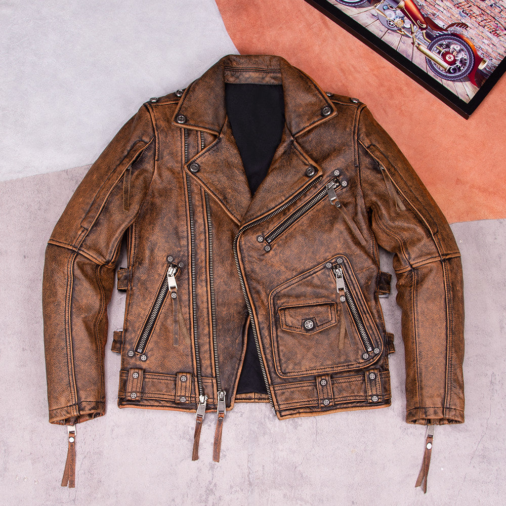 Classic Harley motorcycle suit top layer cowhide leather leather jacket men's nostalgic retro old leather jacket motorcycle jacket