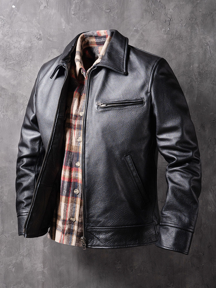 Spring and Autumn New Genuine Leather Jackets, Men's Cowhide Motorcycle Jackets, Short Lapel Jackets, Thin Fashion Trends