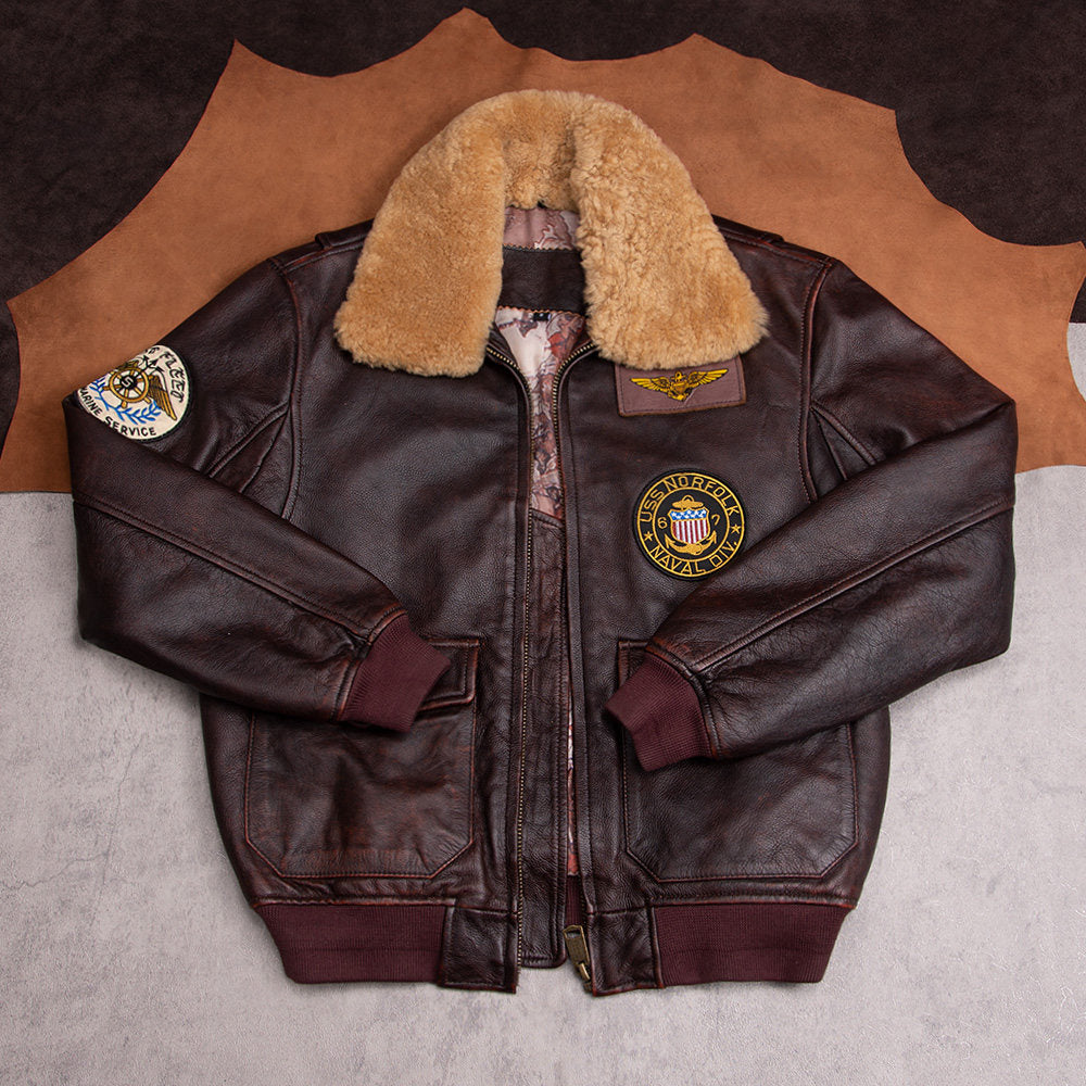 G1 flight suit top layer cowhide leather leather jacket men's motorcycle jacket made of old stone mill plus cotton plus size fur collar jacket